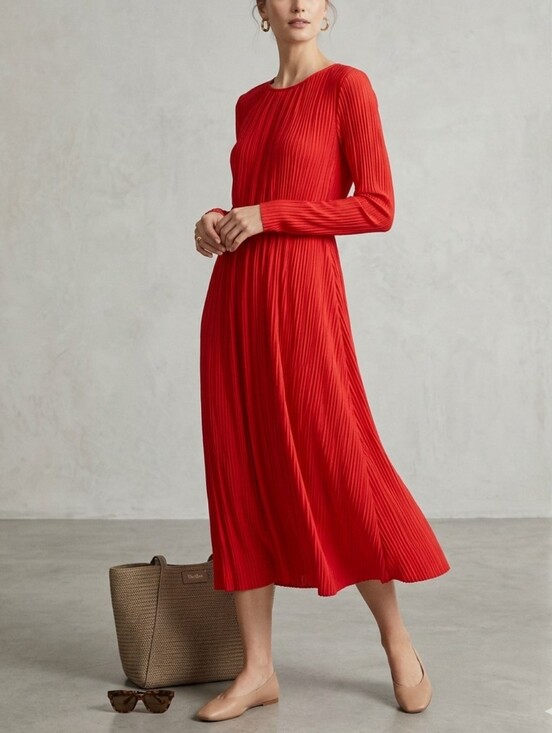 MaxMara Dresses & Skirts - Max Mara Red Long-Sleeved Midi Dress Featuring Pleated Texture Size 2